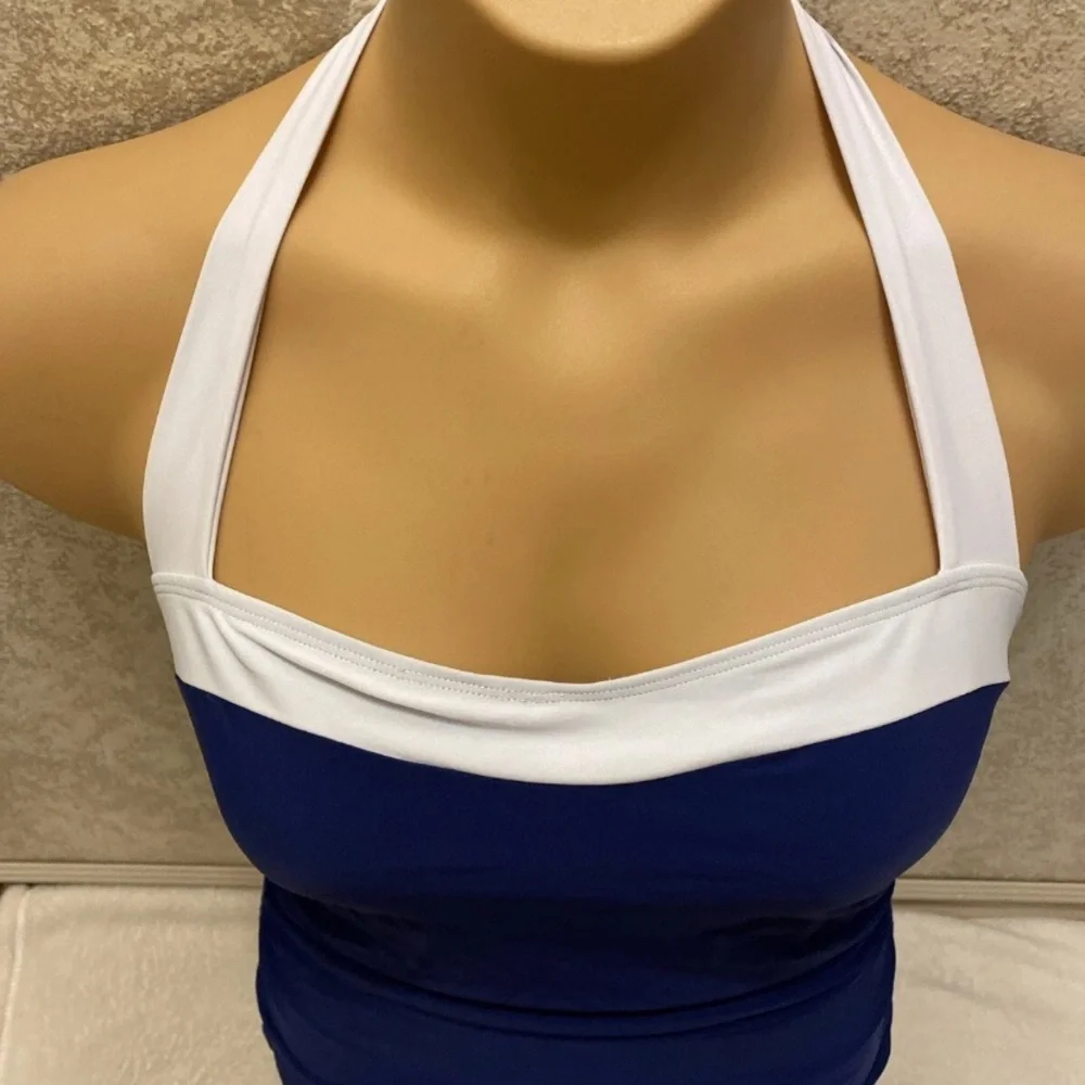 Basic Editions Blue and White Halter One-Piece Swimsuit